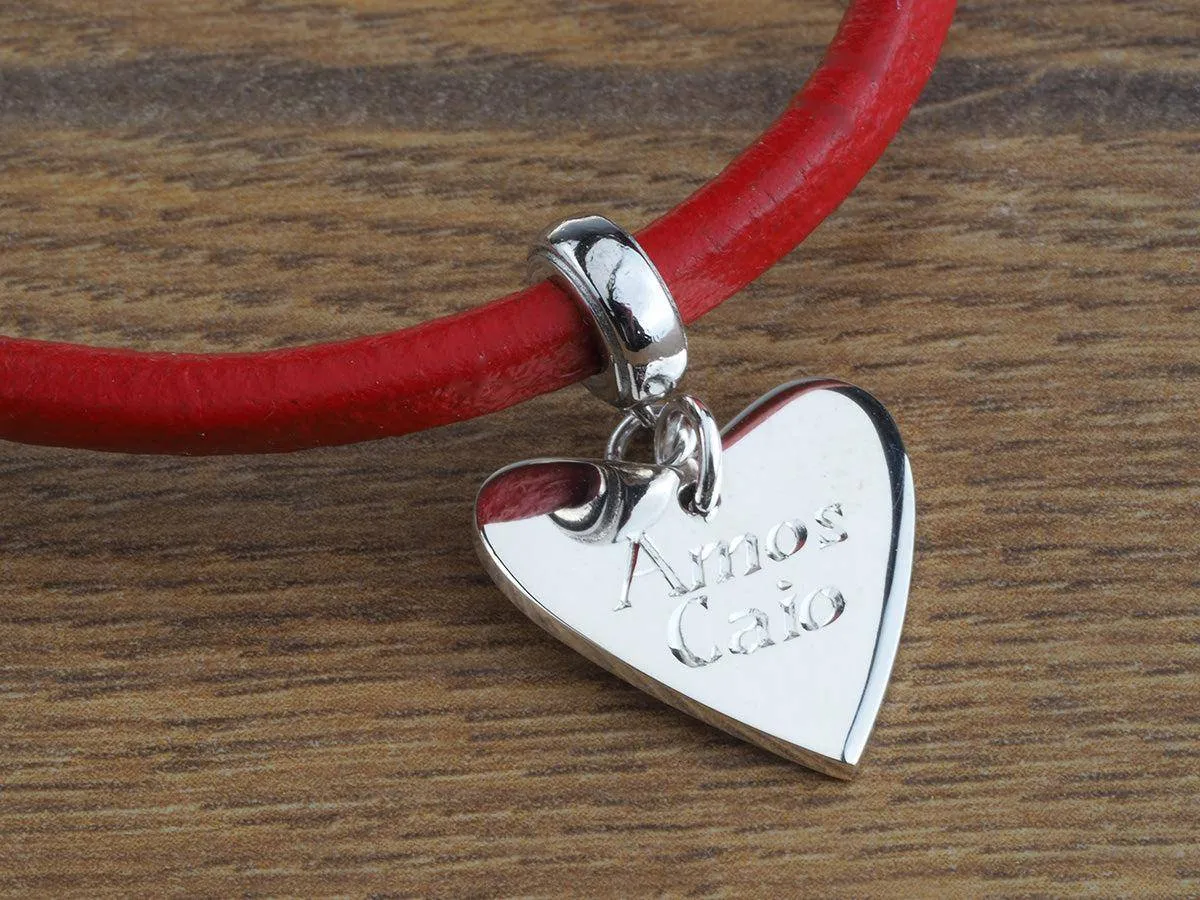 Ladies Red Personalised Sterling Silver Heart Leather Bracelet