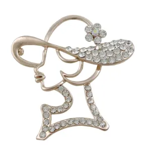 Lady with Crystal Hat Brooch Pin in Rose Gold - PRF519