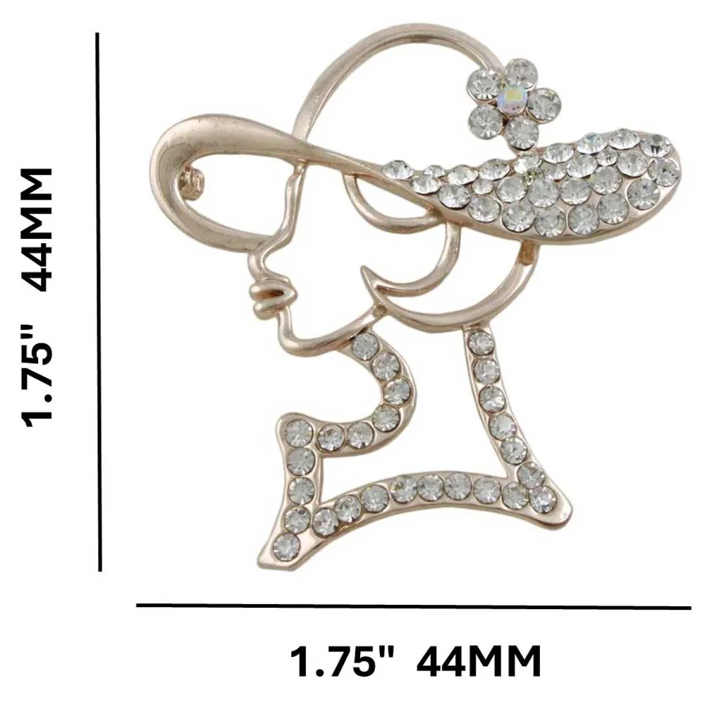 Lady with Crystal Hat Brooch Pin in Rose Gold - PRF519