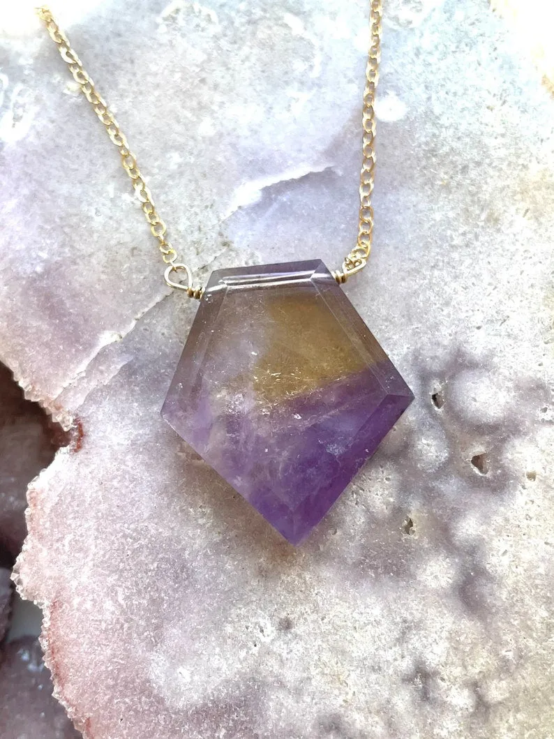 Large Ametrine Statement Pendant Necklace Raw Crystal Jewelry 14Kt Gold Filled or Sterling Silver