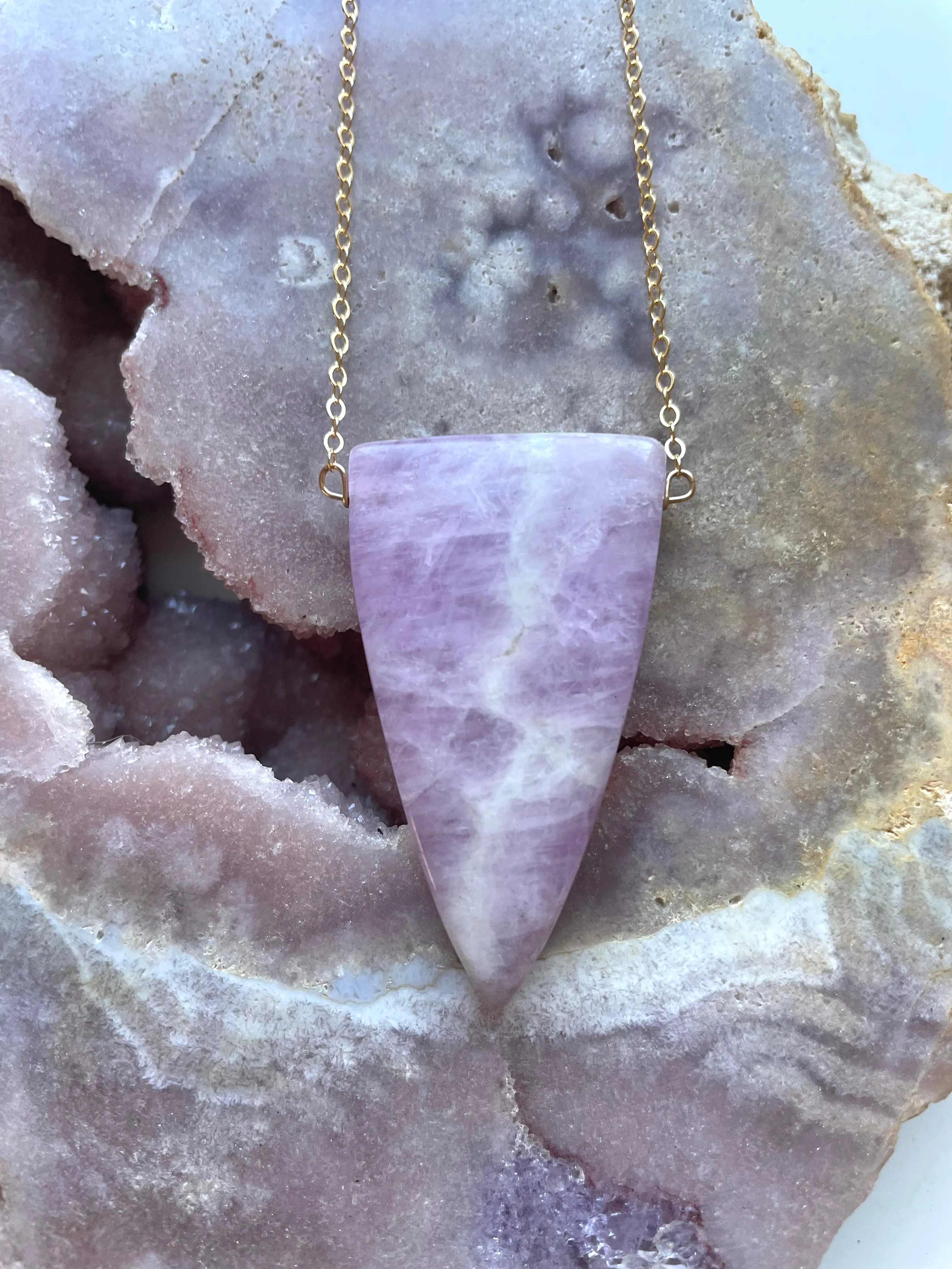 Large Kunzite Crystal Pendant Necklace Gold Fill