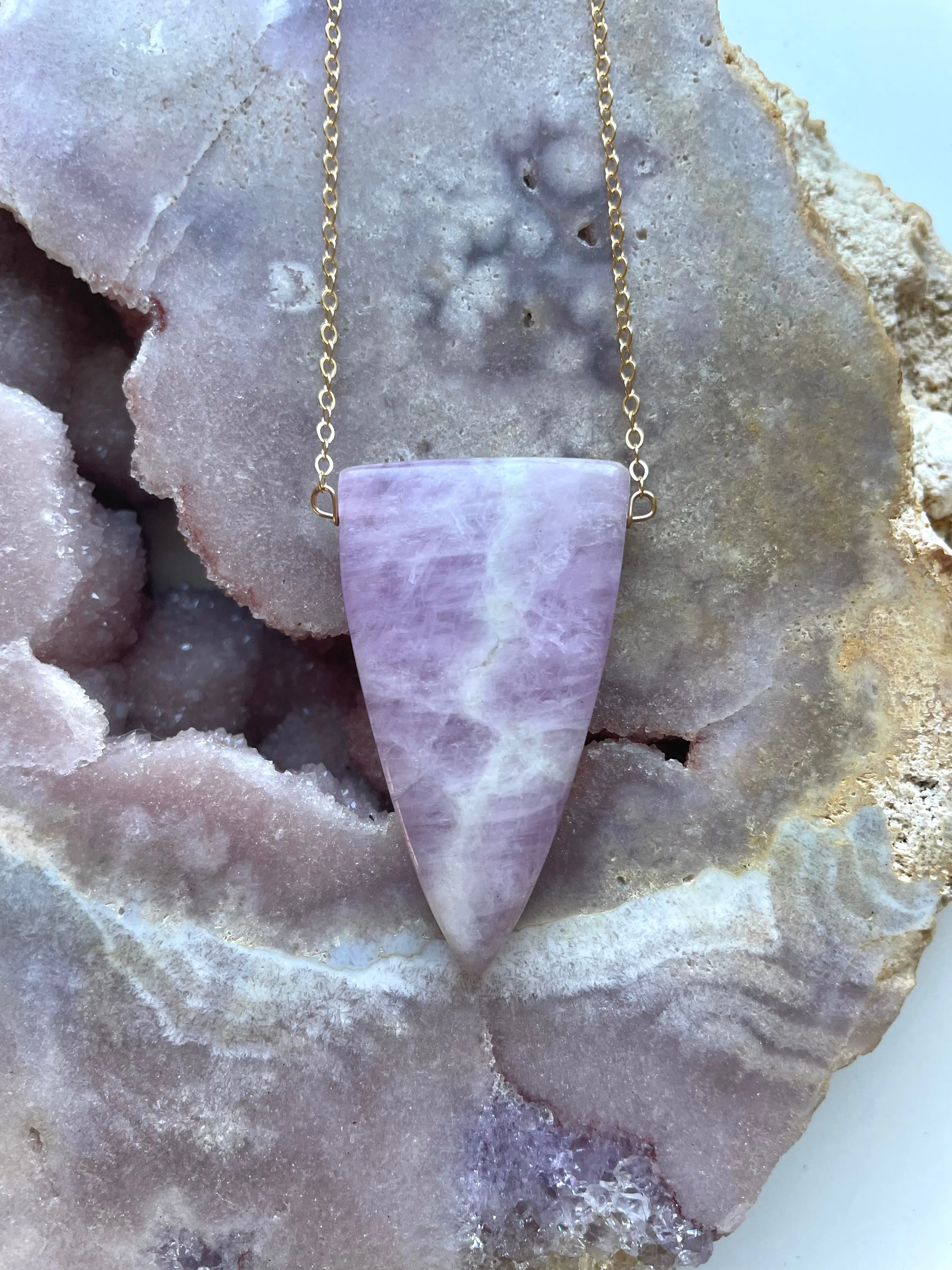 Large Kunzite Crystal Pendant Necklace Gold Fill