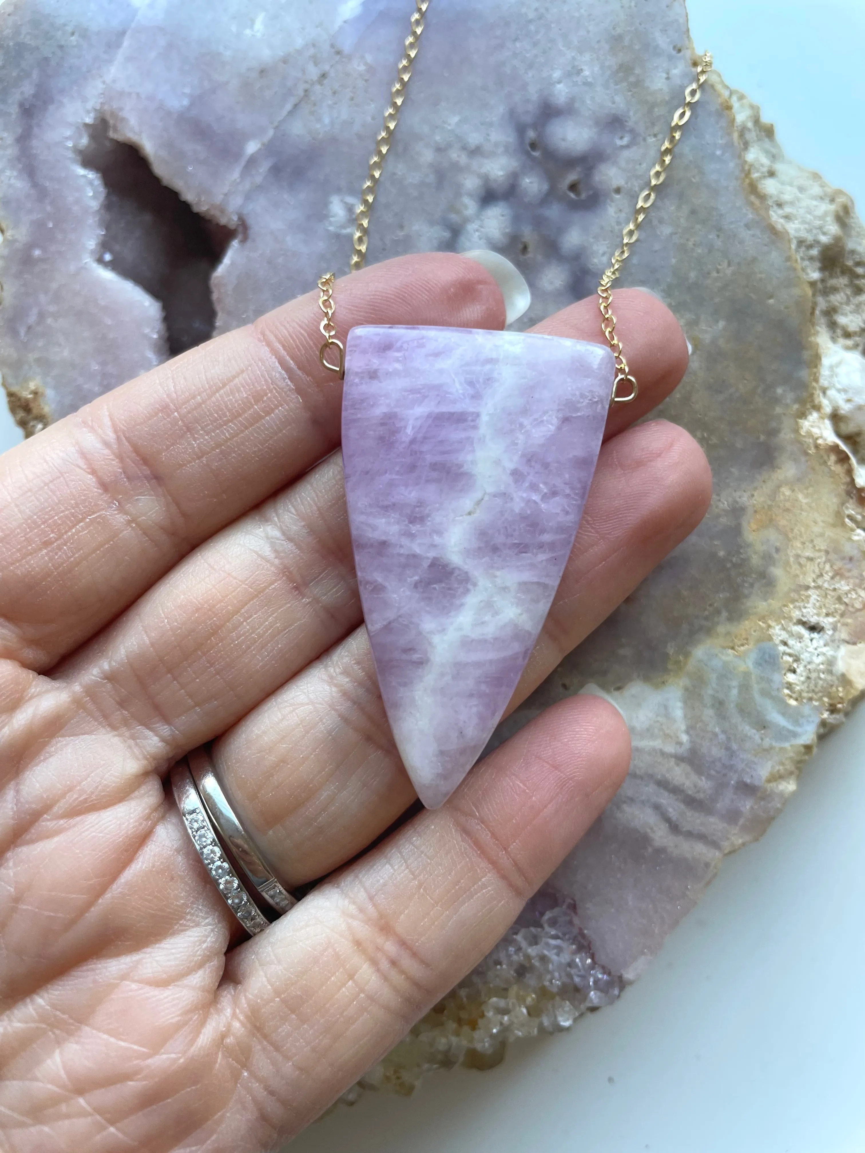 Large Kunzite Crystal Pendant Necklace Gold Fill