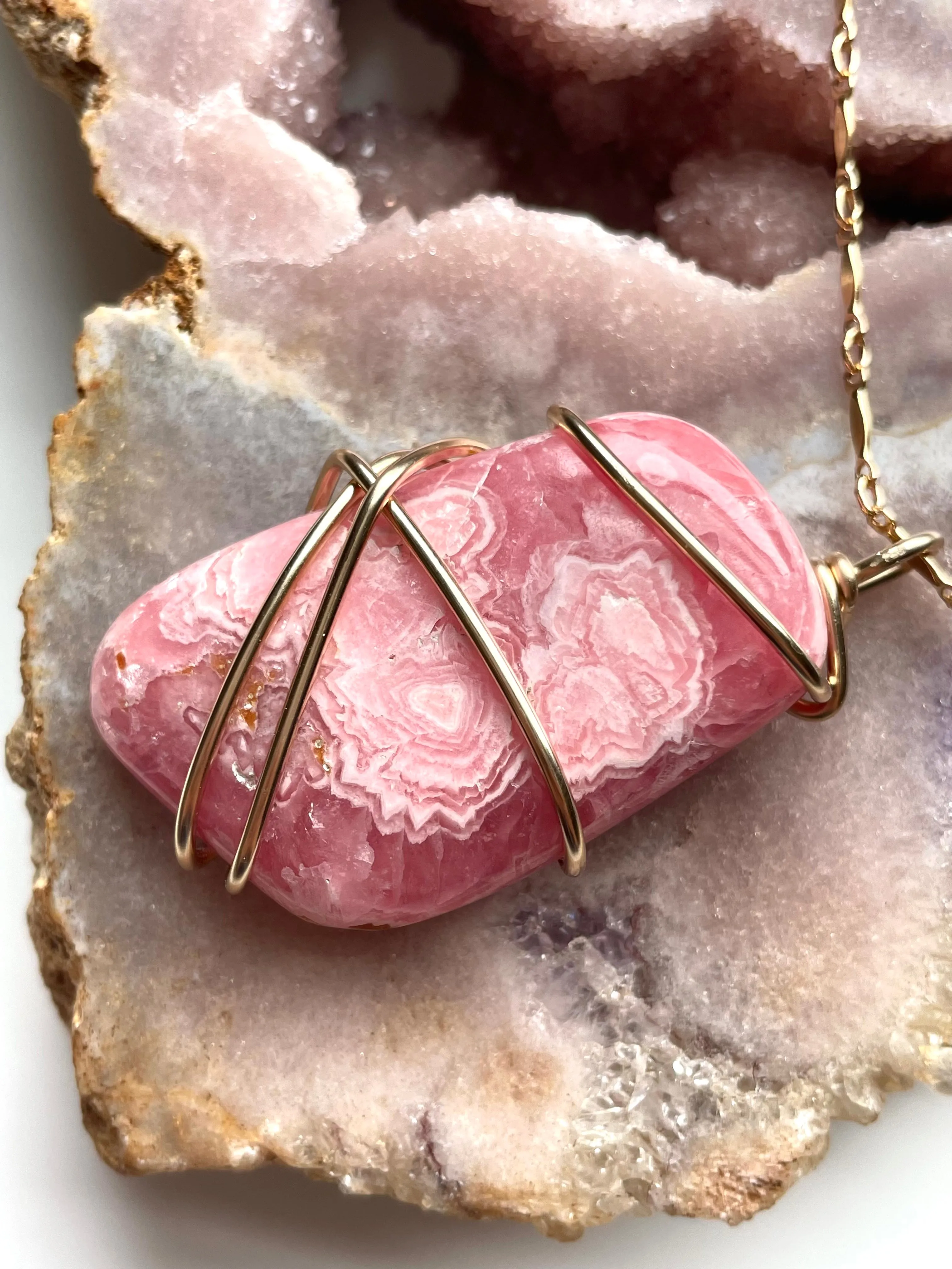 Large Pink Rhodocrosite Statement Stone Pendant  Necklace 14kt Gold Fill