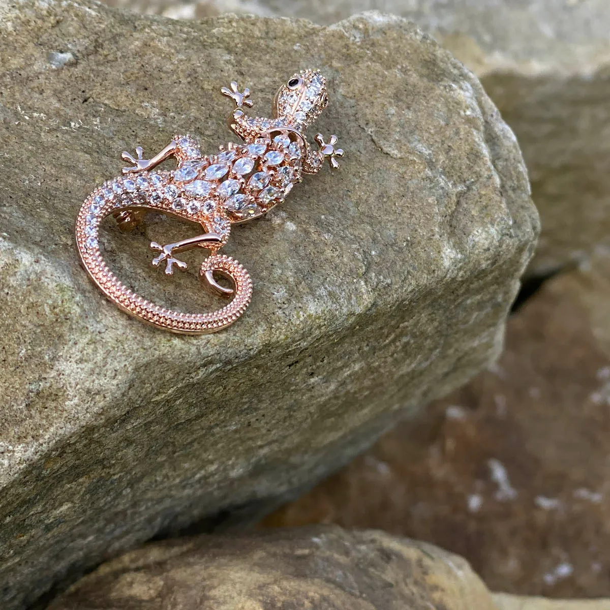 Lizard Diamante Rose Gold Brooch