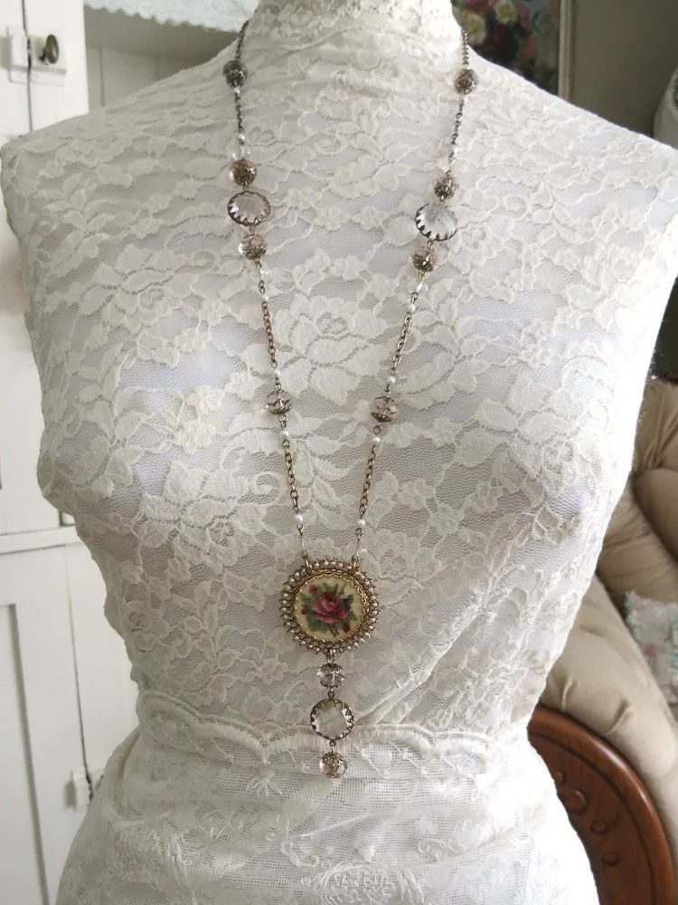 Long Petite Point Rose Necklace