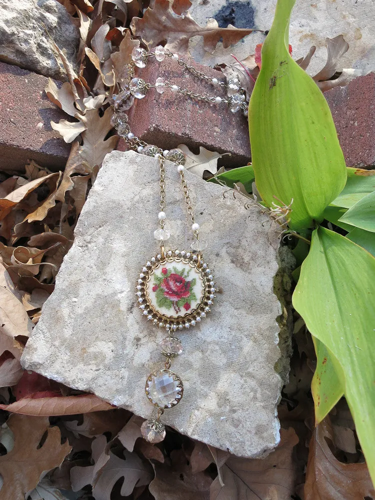 Long Petite Point Rose Necklace