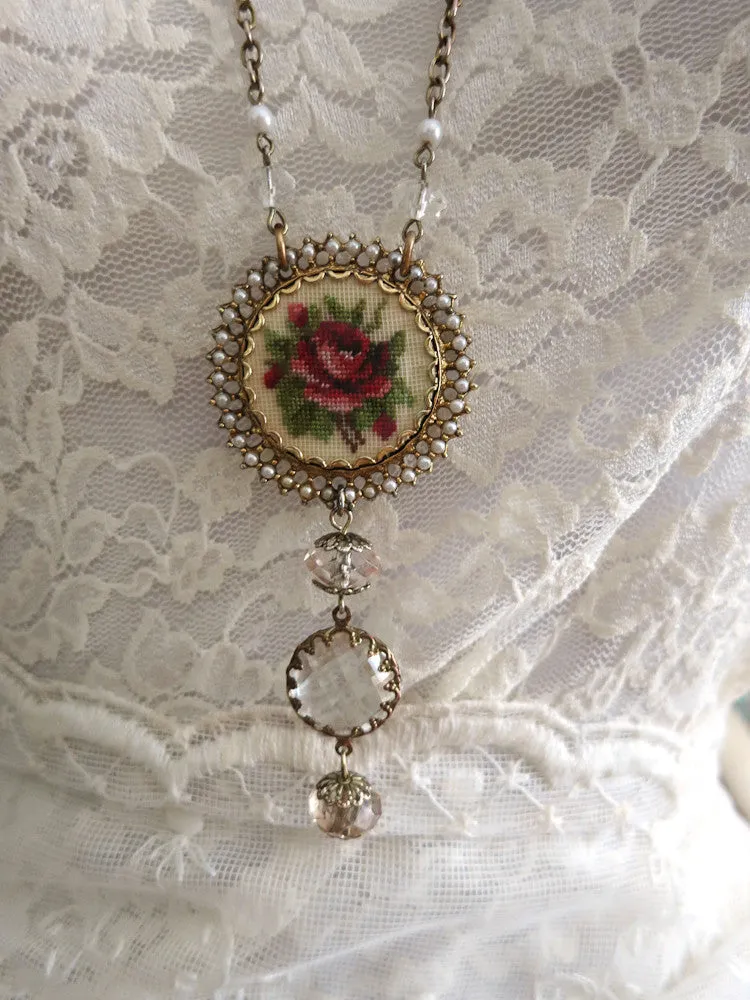 Long Petite Point Rose Necklace