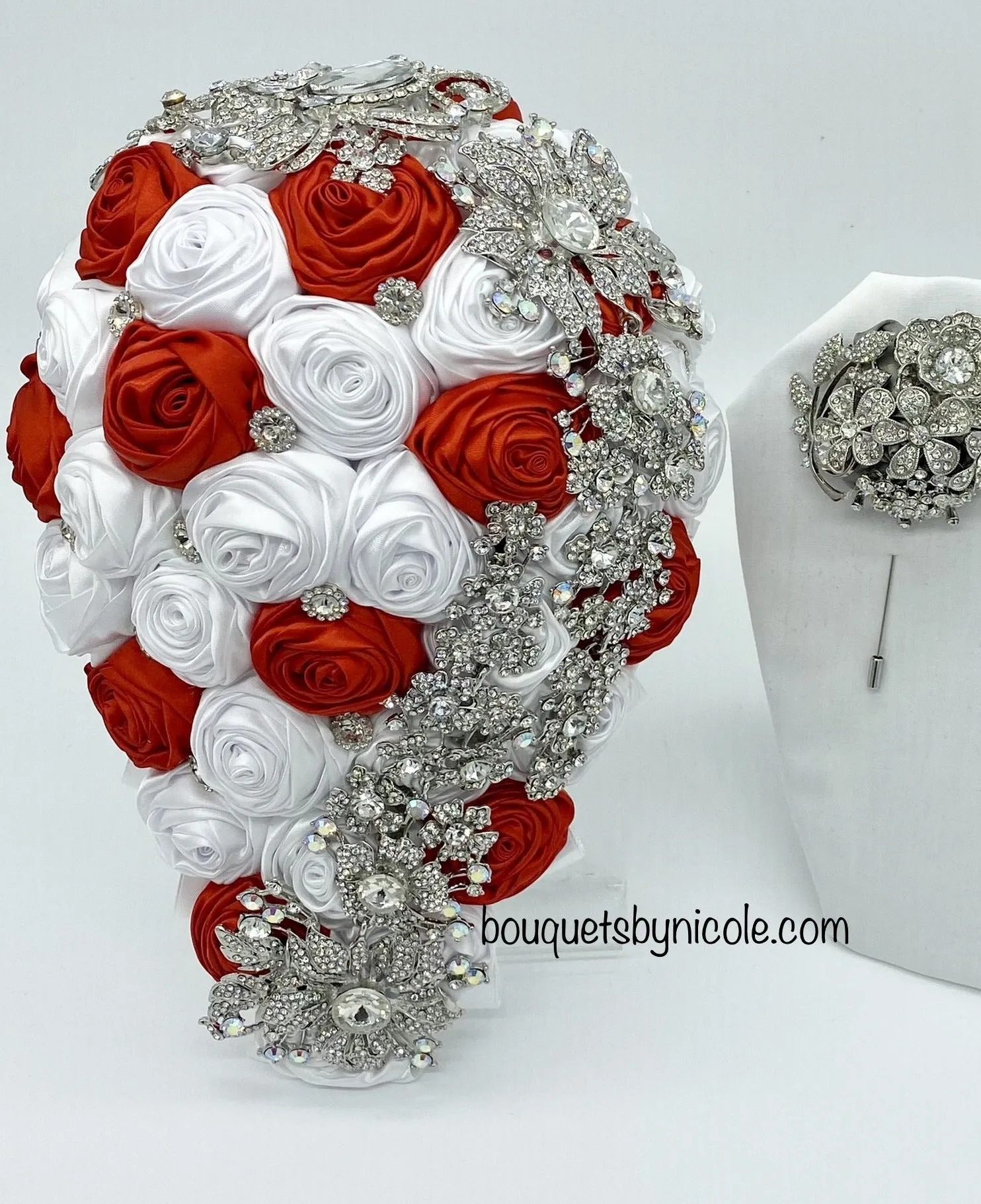 MACY ~ Red & White Cascade Waterfall Deluxe Satin Rose Brooch Bouquet