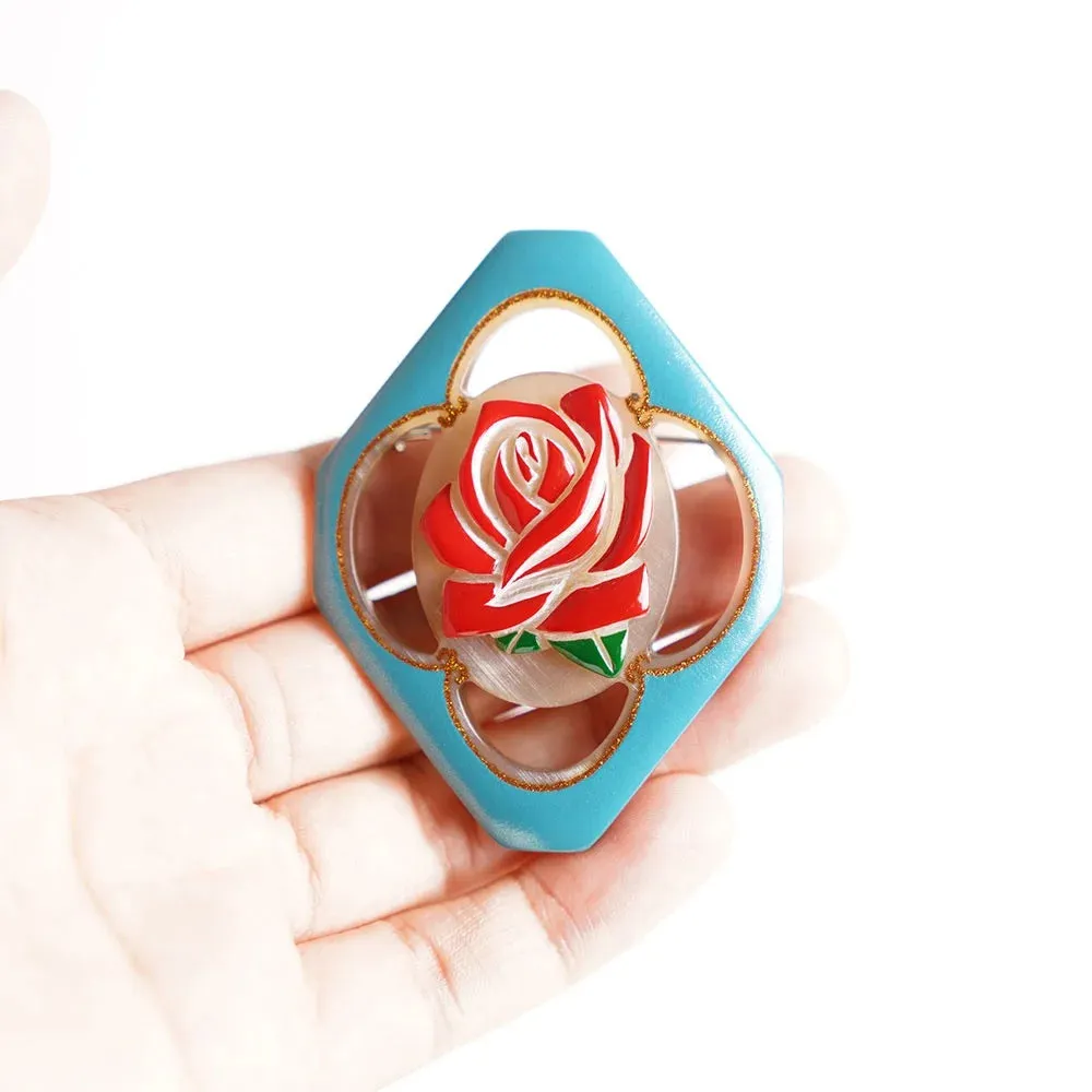 Maki-e Urushi Lacquer Brooch - Water Buffalo Horn / Rose -, Traditional Japanese Urushi Lacquer Jewelry