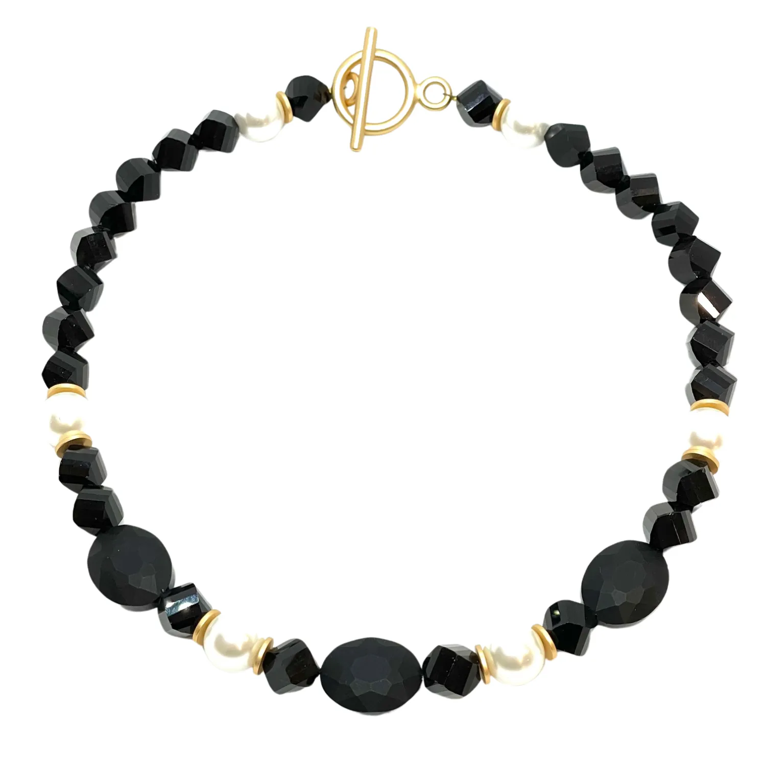 Matte Black Crystal, Pearl, And Black Crystal Beaded Necklace