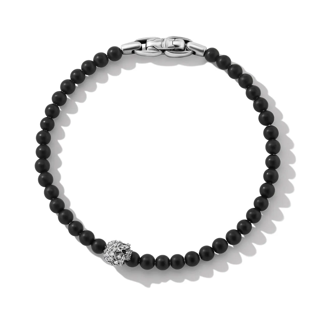 Memento Mori Skull Bracelet in Sterling Silver with Black Onyx and Pave Diamonds