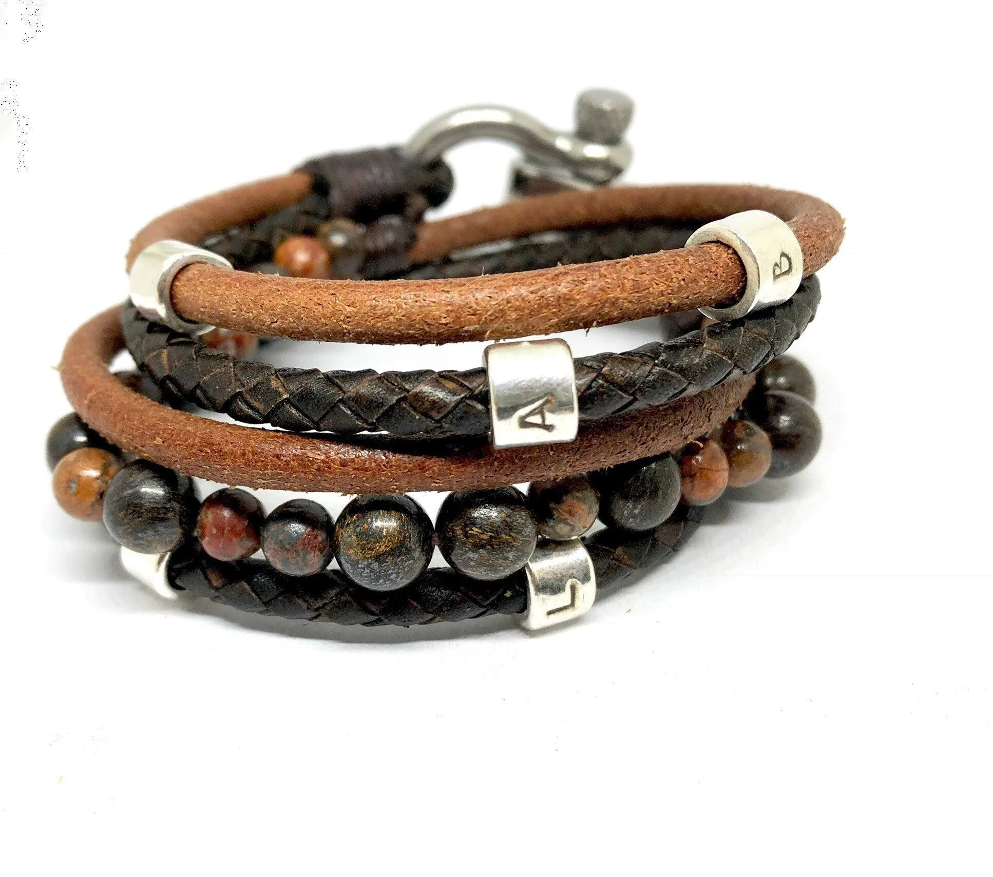 Men's Customisable Leather and Mixed Gemstone Bracelet