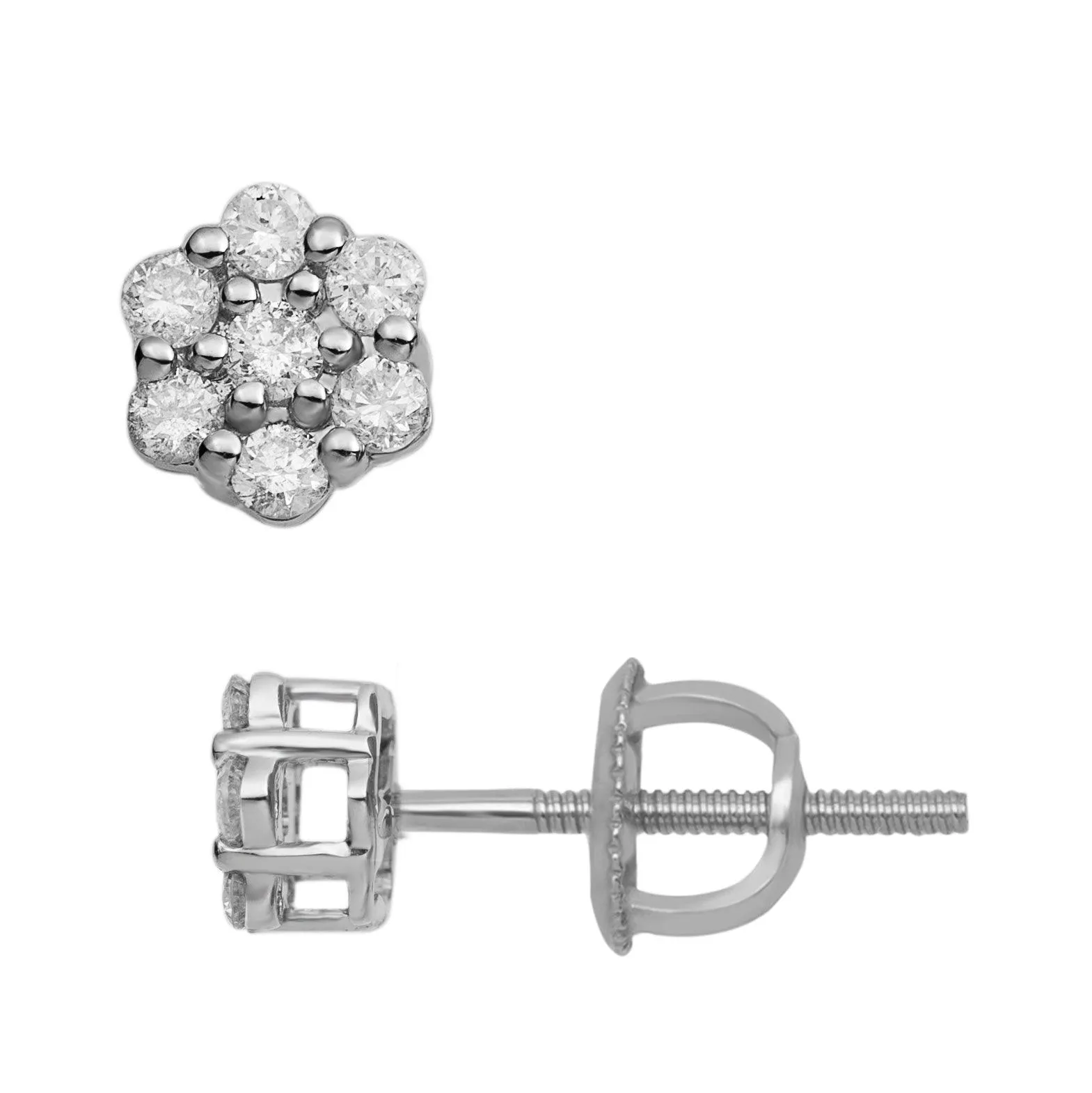 Men's Flower Cluster Diamond Stud Earrings 0.45ct 14K White Gold