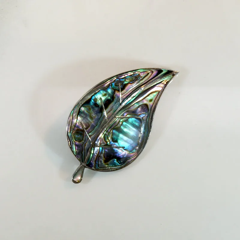 Mexican Sterling & Abalone Inlay Leaf Brooch