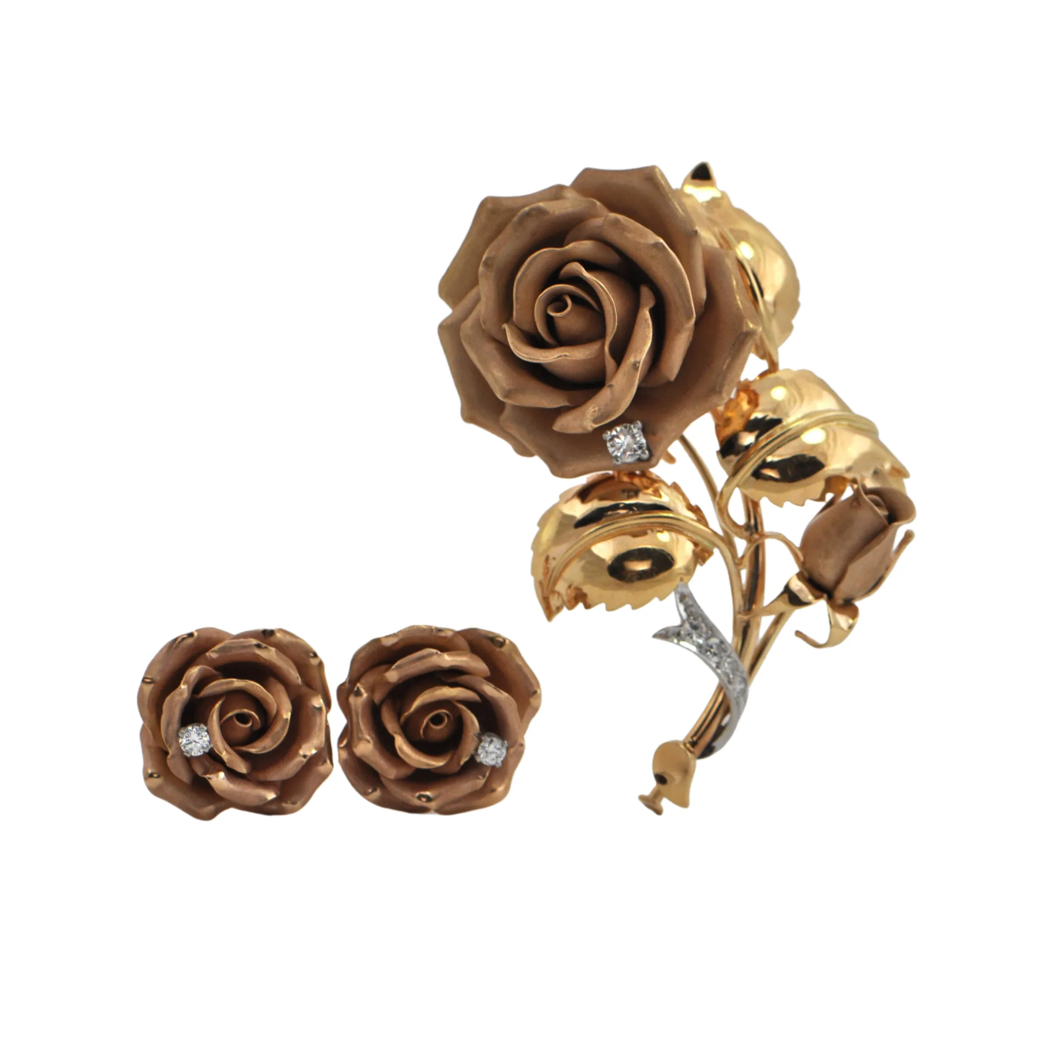 Mid-Century Diamond 14K Rose Gold Rose Earrings