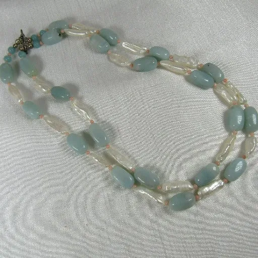 Multi-strand Amazonite and Pearl  Beaded Necklace