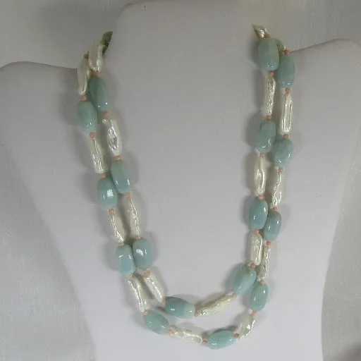 Multi-strand Amazonite and Pearl  Beaded Necklace