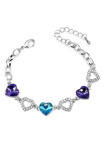 Multicolor Austria Crystal Hearts, Platinum 18K Gold Plated Bracelet