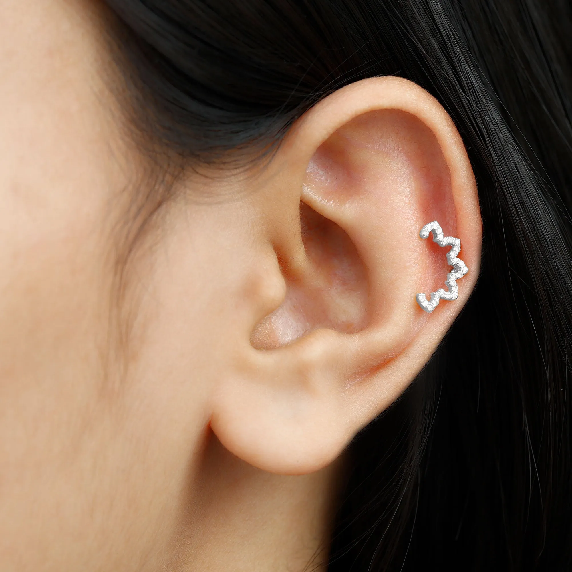 Natural Diamond Curved Floral Earring for Cartilage Piercing