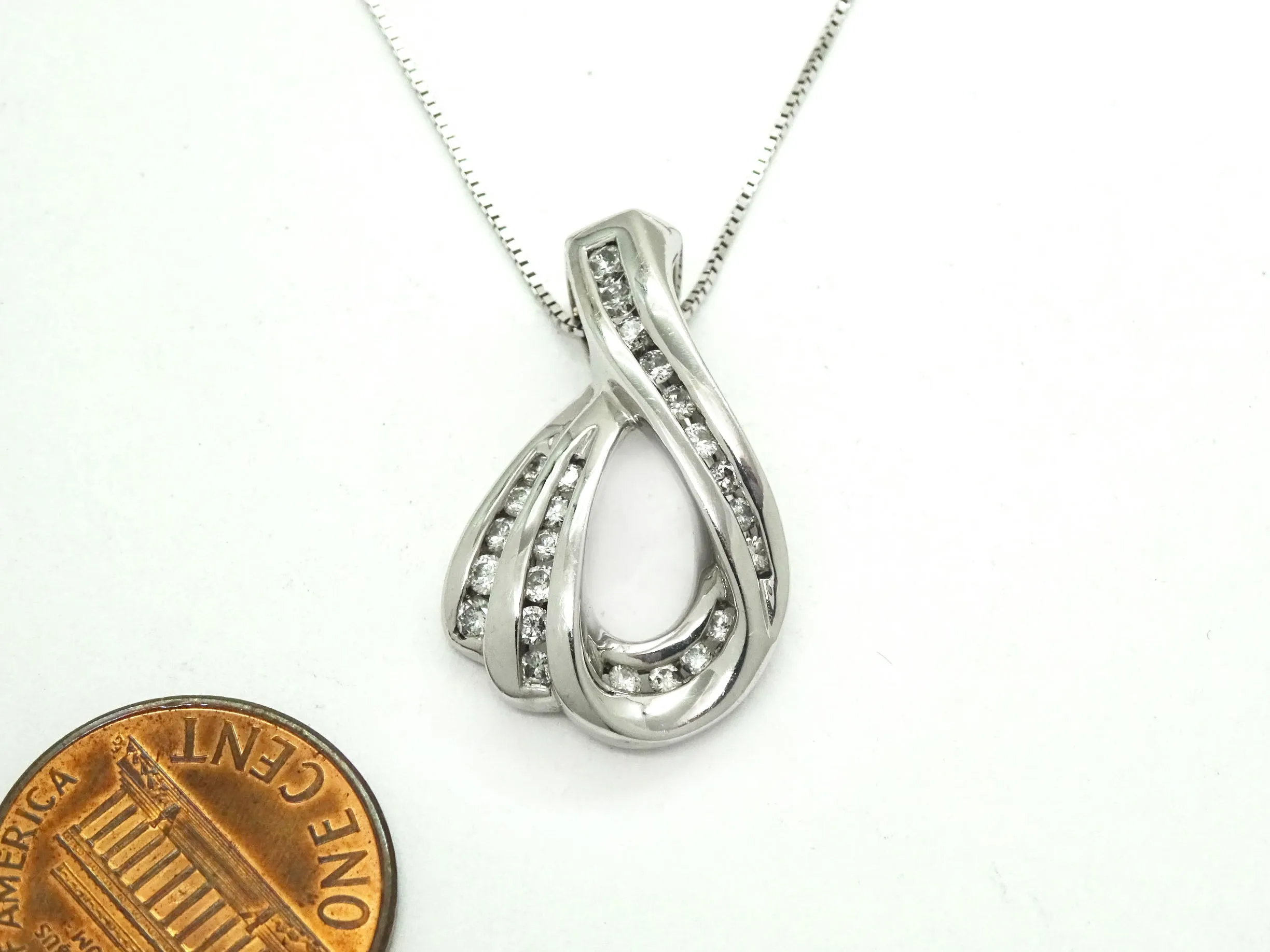 Natural Diamond Open Ribbon Swirl Design Pendant 14k WG Thin Box Chain 10k WG