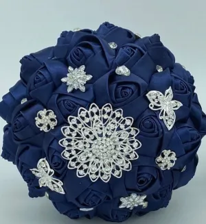 Navy Satin Roses Budget Brooch Bouquet or DIY KIT ~BM008