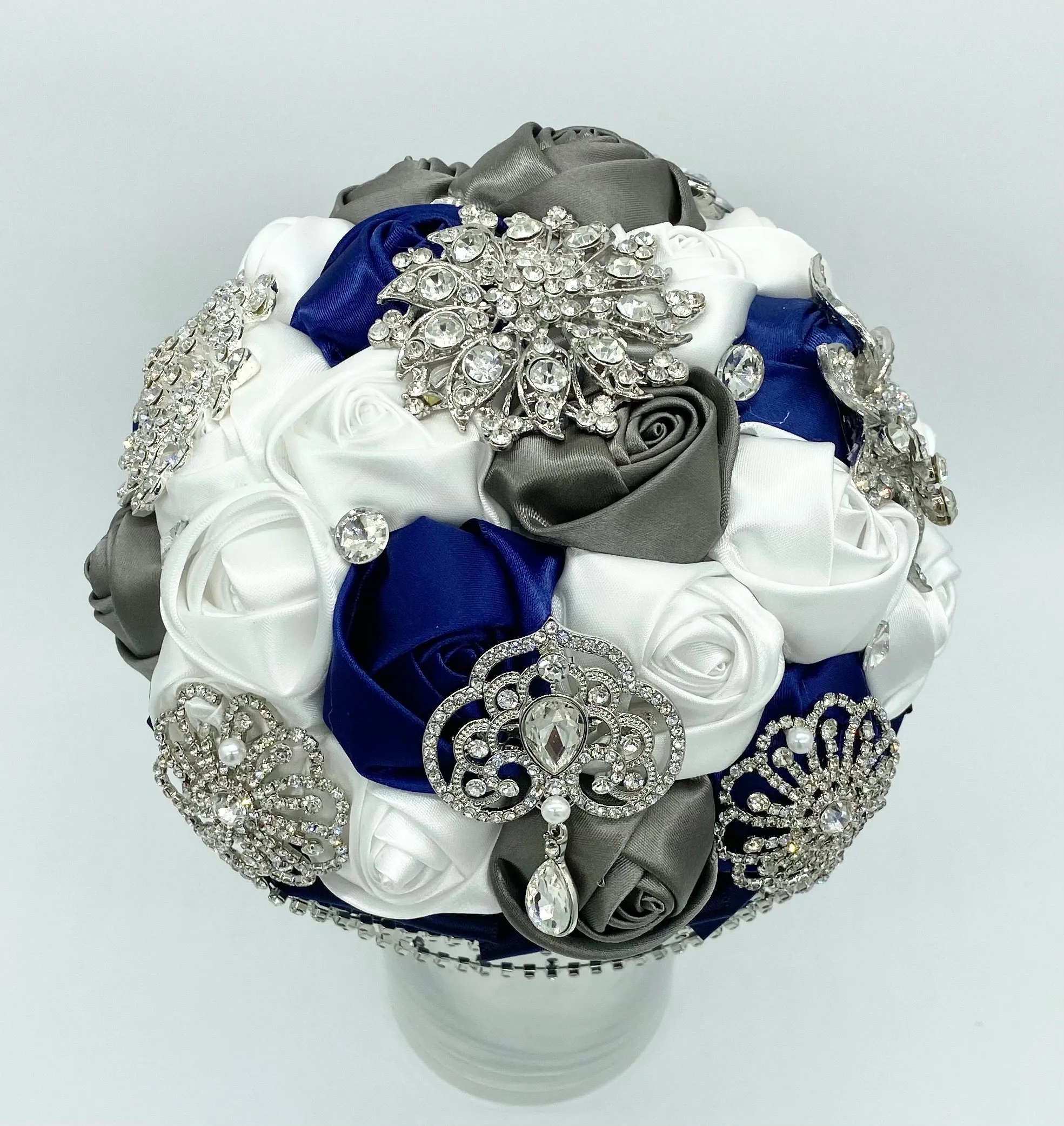 Navy White Satin Roses Brooch Bouquet BOU-908