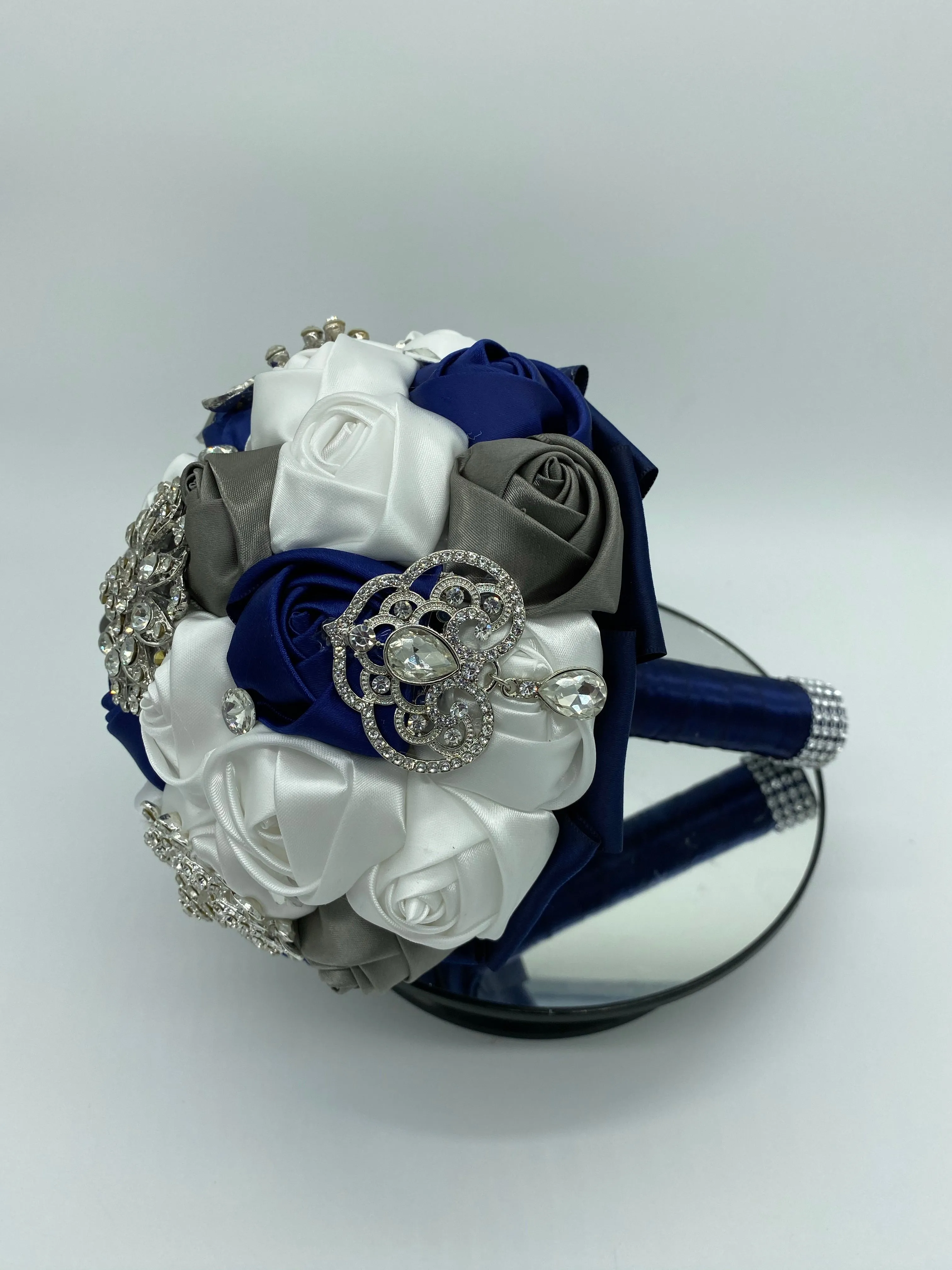 Navy White Satin Roses Brooch Bouquet BOU-908