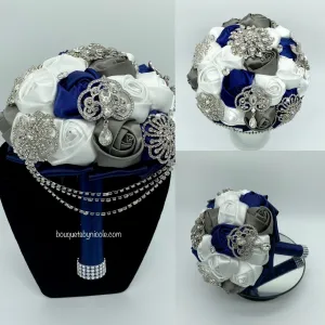 Navy White Satin Roses Brooch Bouquet BOU-908