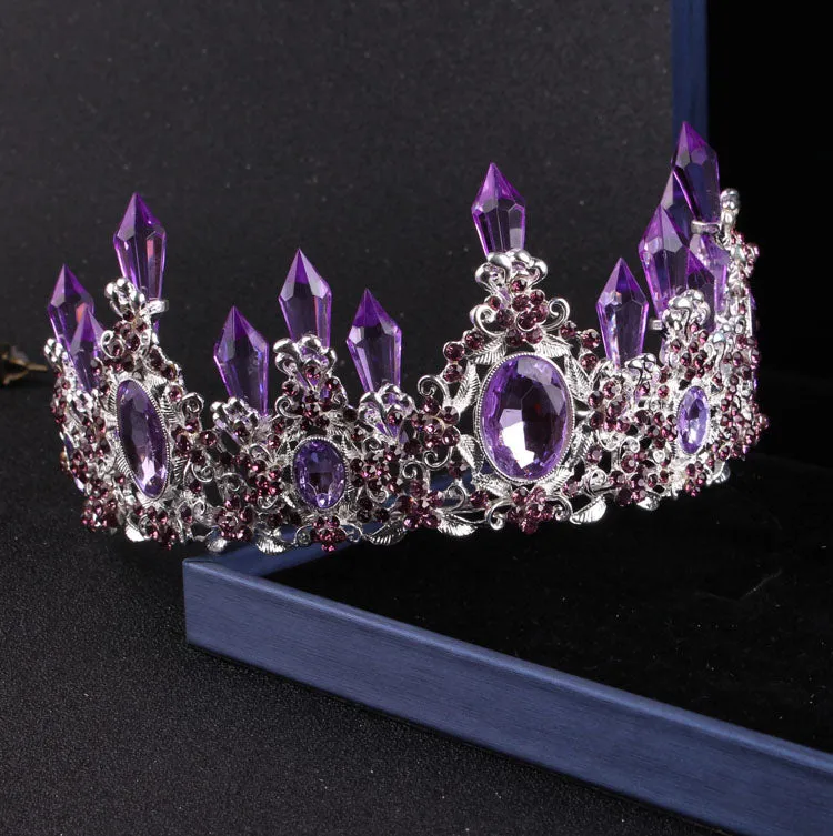 Noble Purple Crystal Necklace Earrings Crown Tiara Jewelry Set Party Accessories