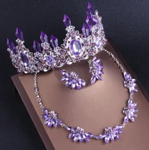 Noble Purple Crystal Necklace Earrings Crown Tiara Jewelry Set Party Accessories