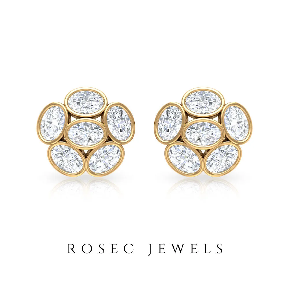 Oval Shaped Diamond Cluster Stud Earrings