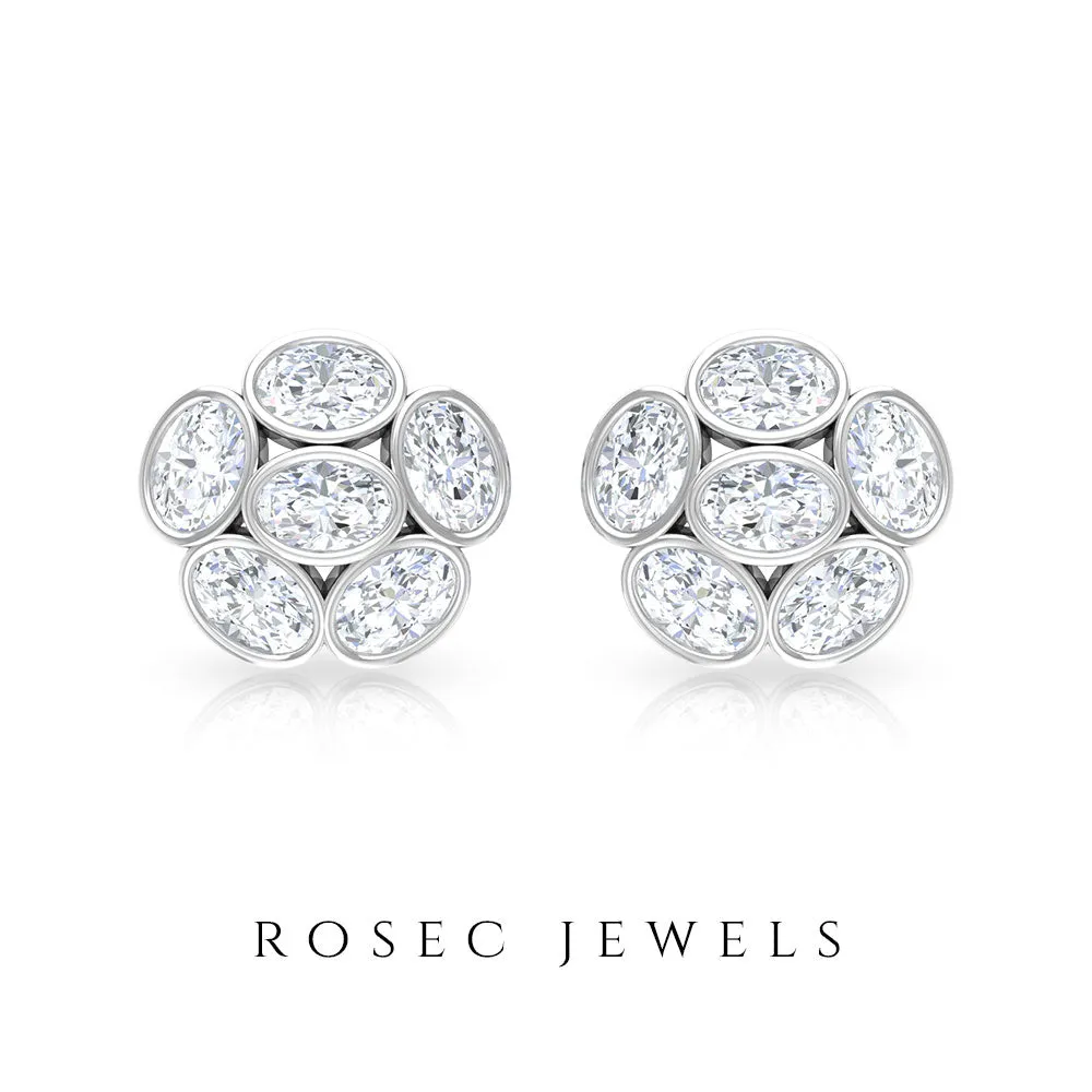 Oval Shaped Diamond Cluster Stud Earrings