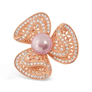 Pansy Pink Pearl Floral Diamante Rose Gold Brooch