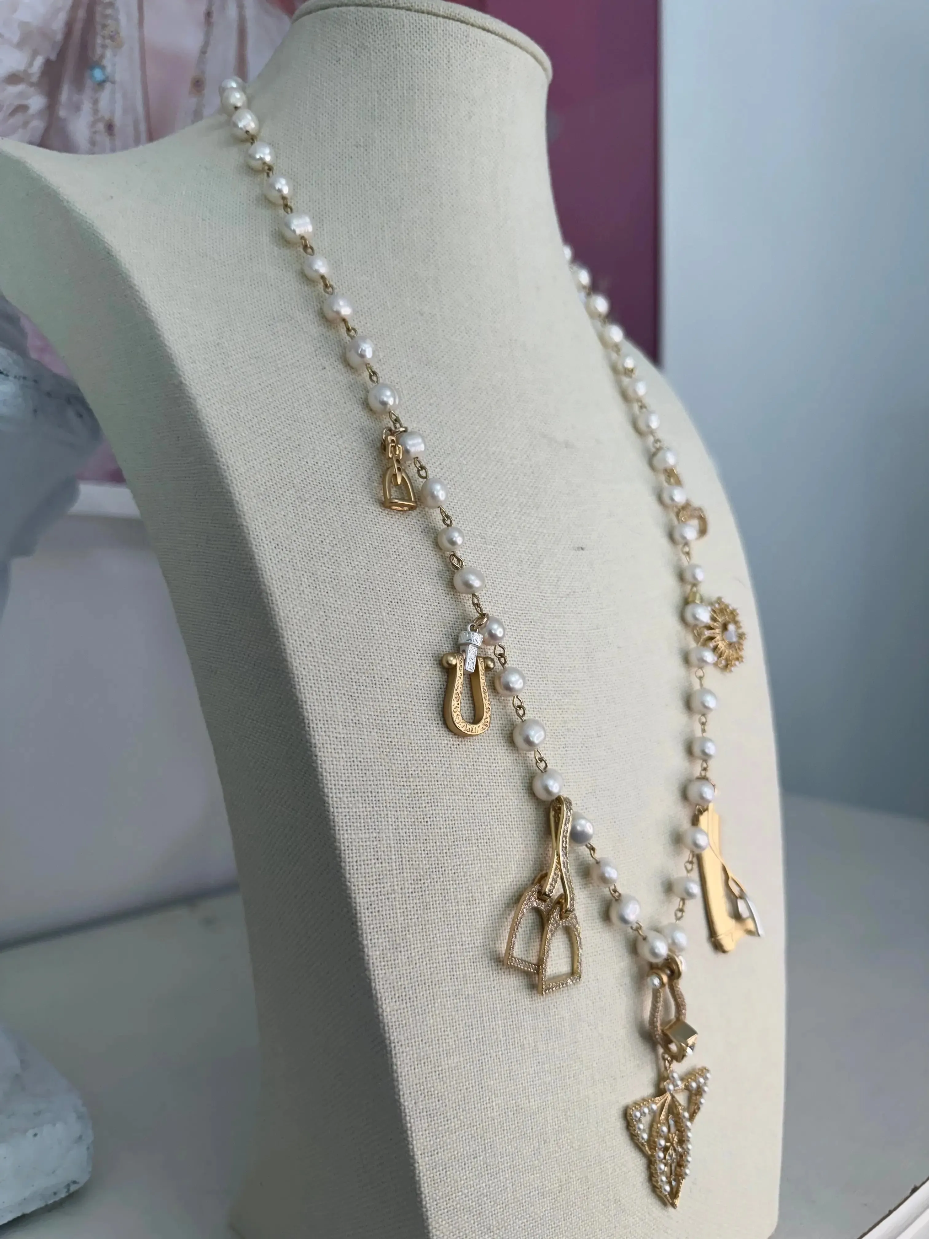 Paris Texas 7 Charm Pearl Necklace - Long Gold