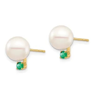 Pearl and Natural Emerald 14k Gold Post Earrings