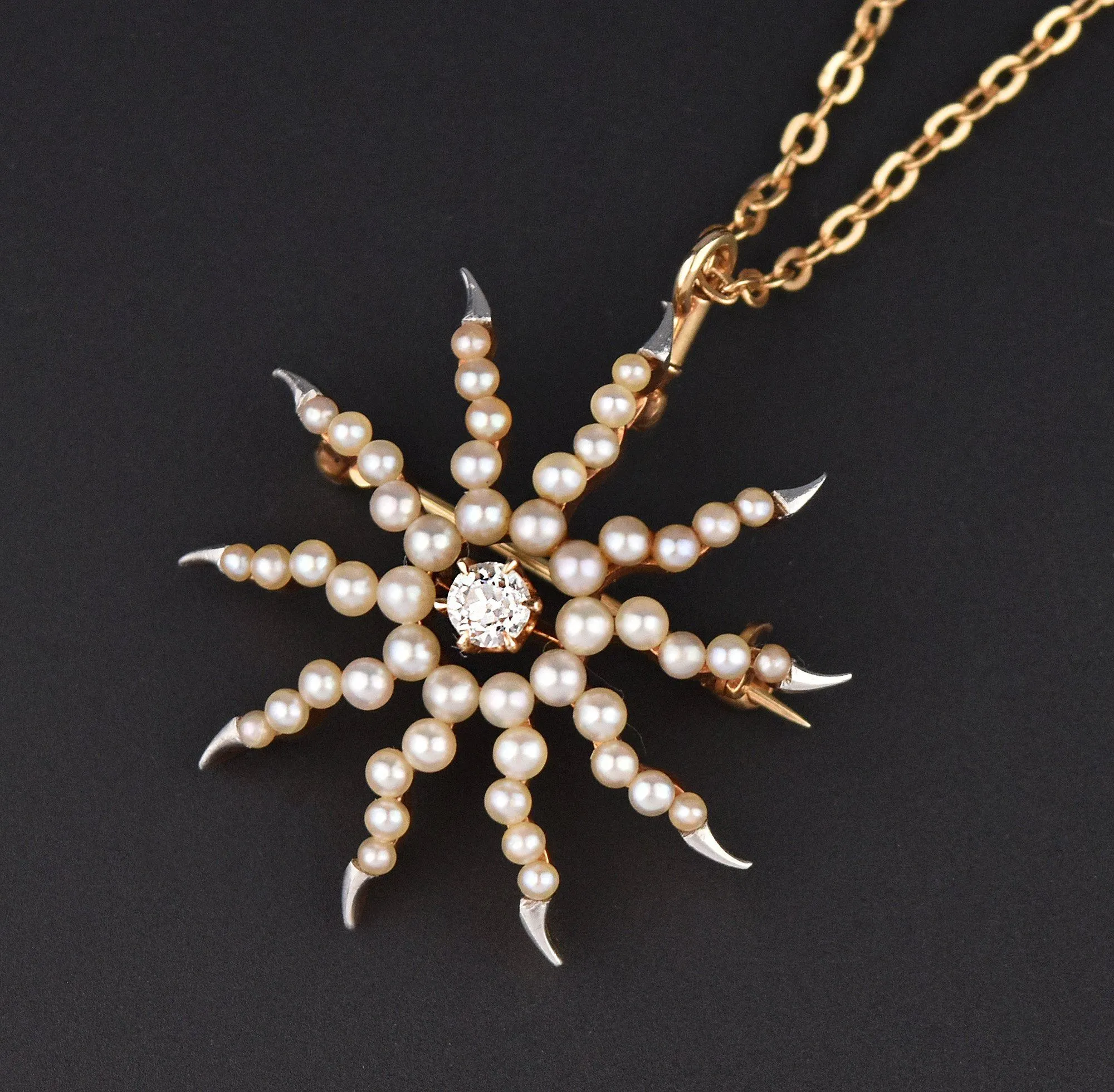 Pearl Diamond Starburst Gold Platinum Brooch Pendant