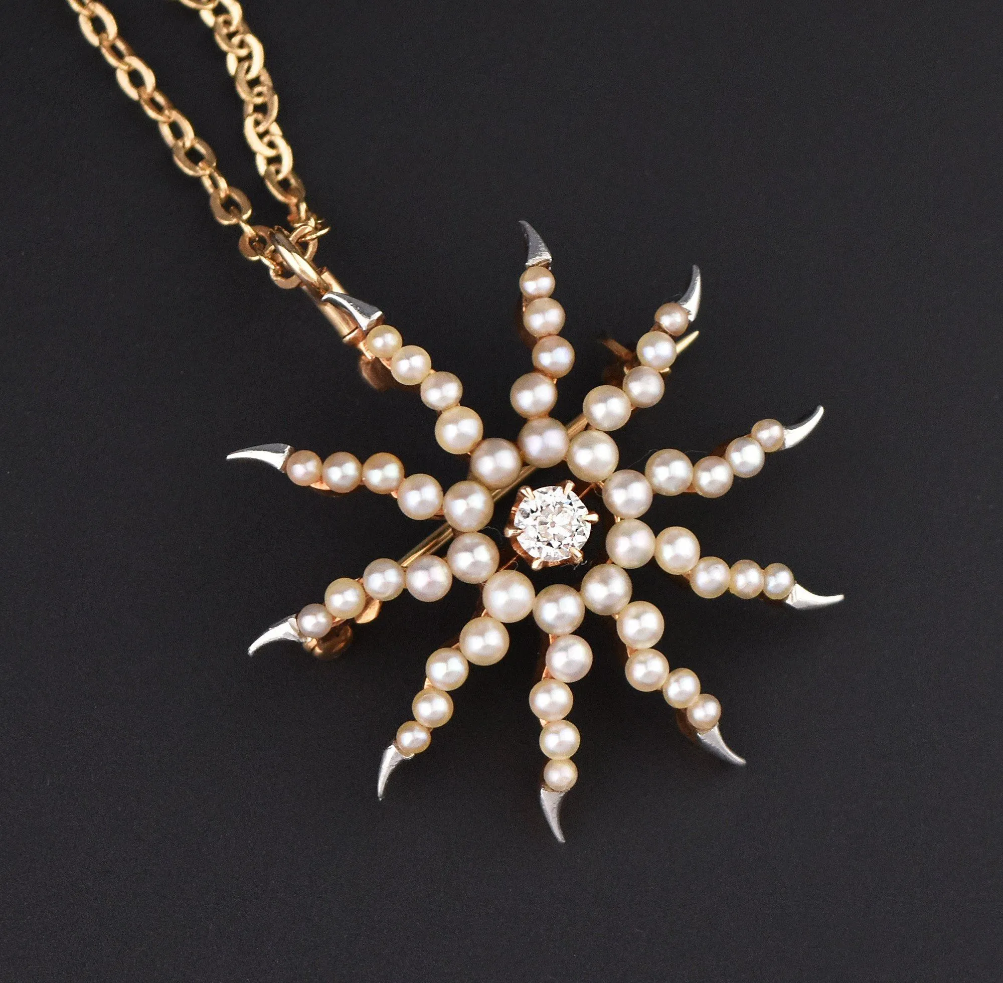 Pearl Diamond Starburst Gold Platinum Brooch Pendant