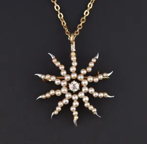 Pearl Diamond Starburst Gold Platinum Brooch Pendant