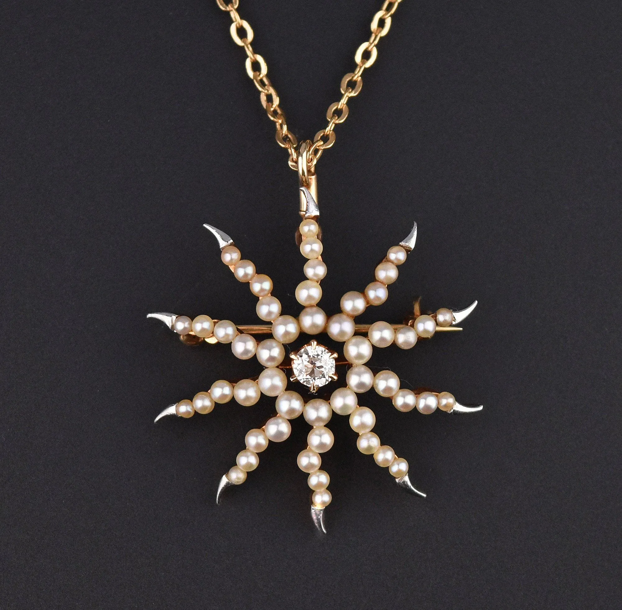 Pearl Diamond Starburst Gold Platinum Brooch Pendant