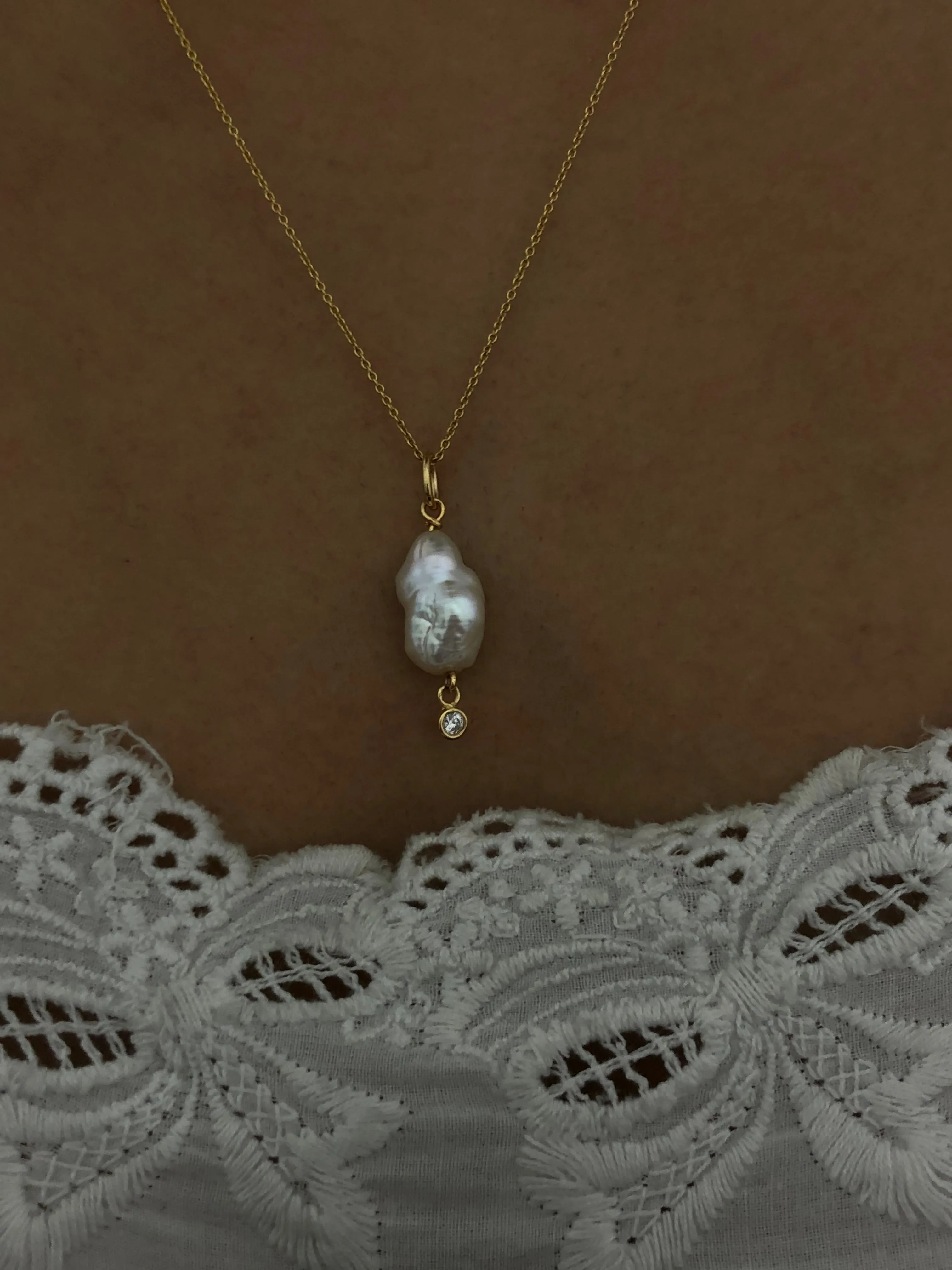 Pearl with Hanging Diamond Pendant / Necklace, Solid Gold