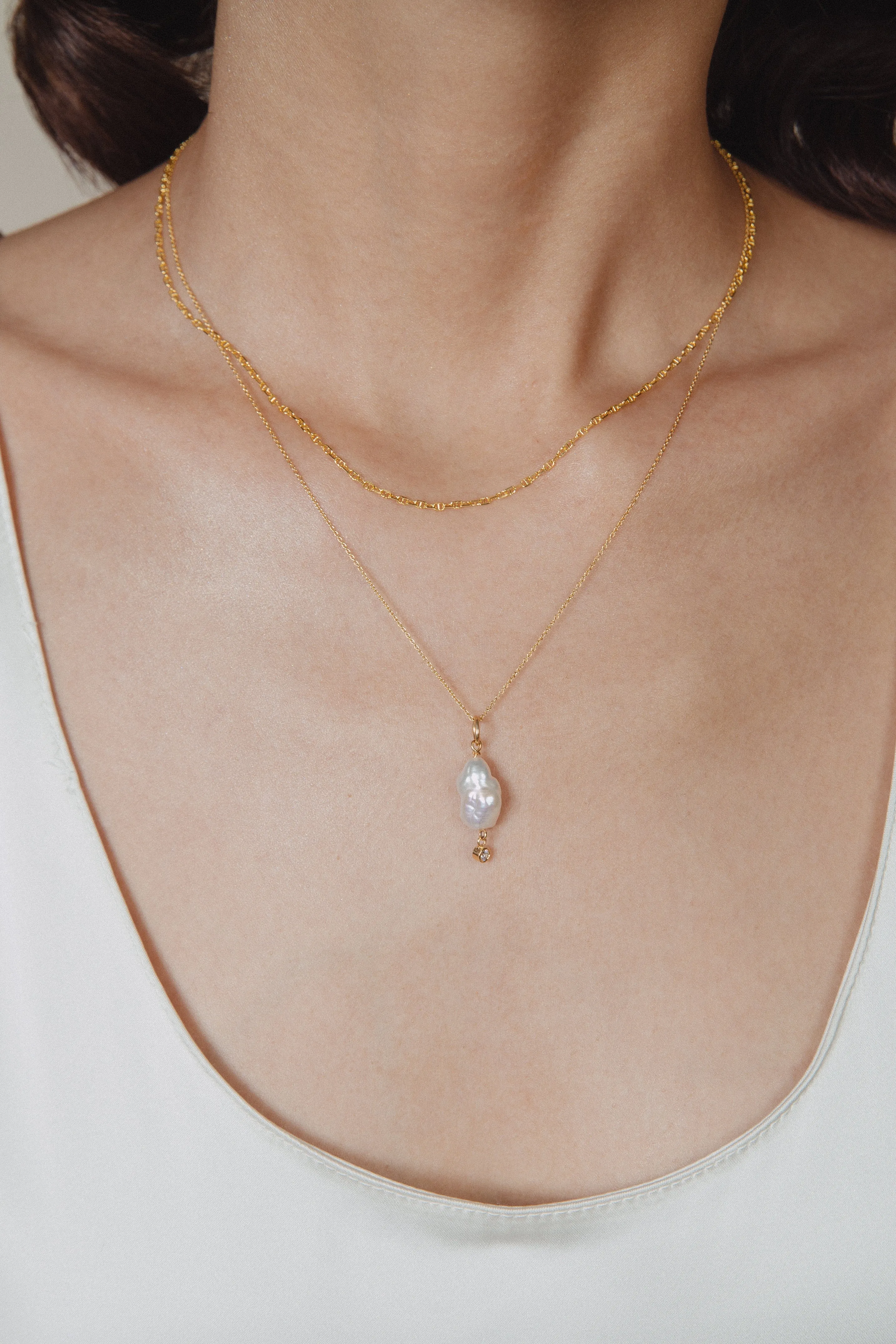 Pearl with Hanging Diamond Pendant / Necklace, Solid Gold