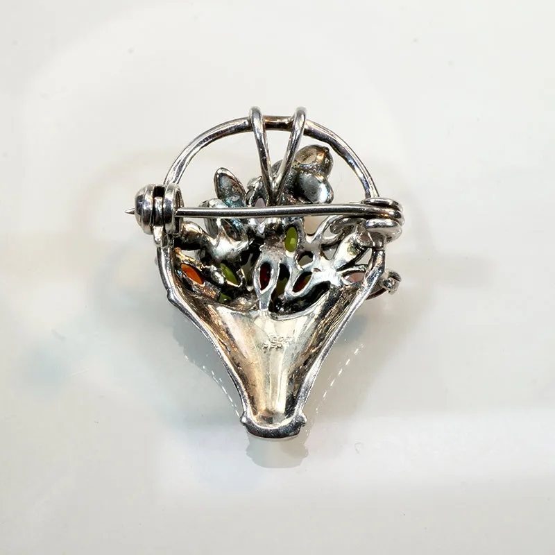 Petite Sterling & Rhinestone Flower Basket Brooch