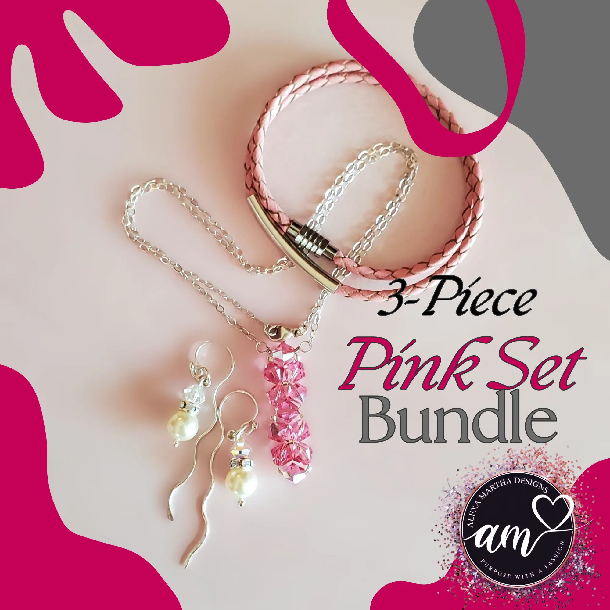 Pink Rock Candy Necklace Bolo Choker Ear Threader Bundle