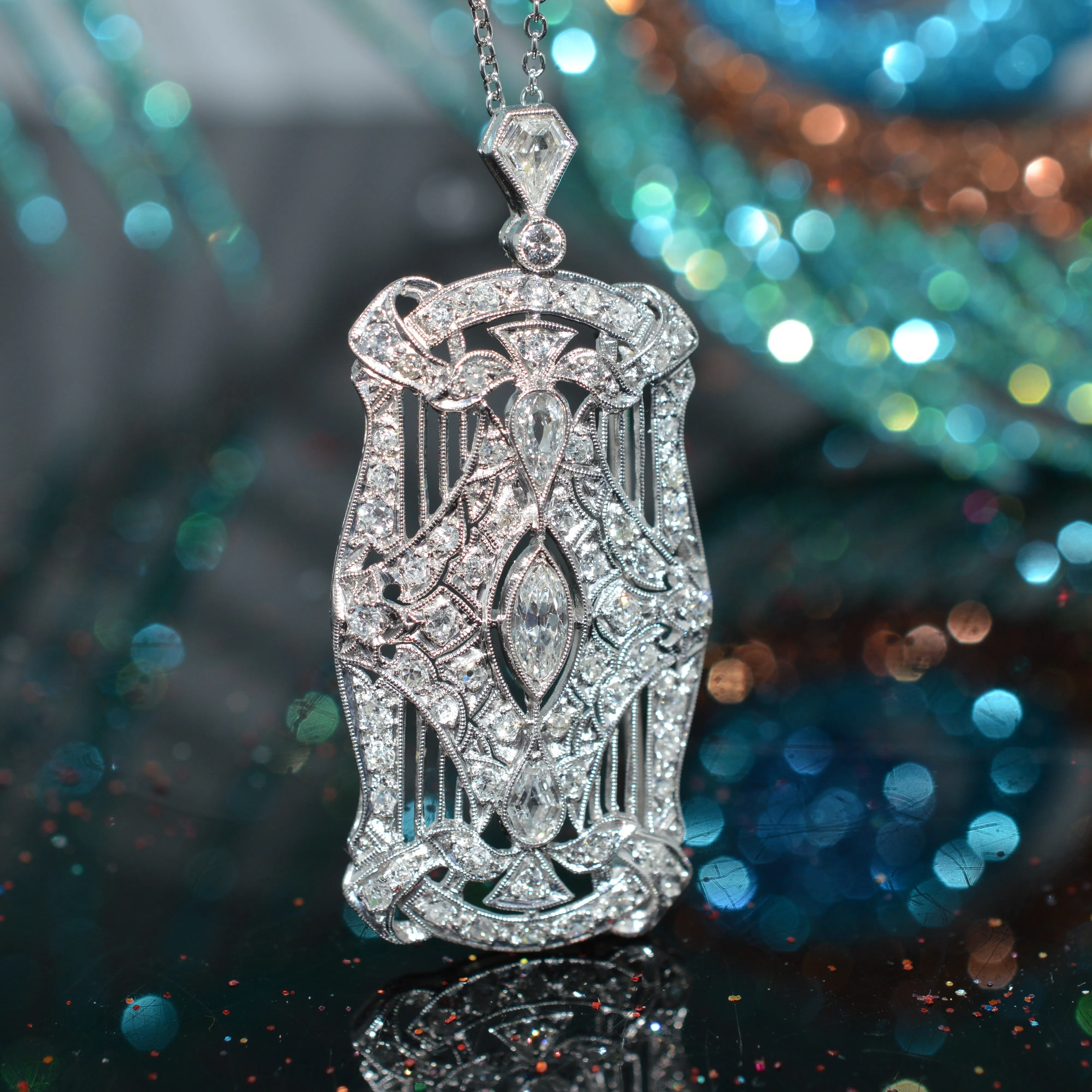 Platinum Edwardian Diamond Pin/Pendant With Platinum Chain