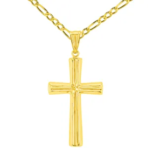 Polished 14K Yellow Gold Plain Religious Cross Pendant with Figaro Chain Necklace