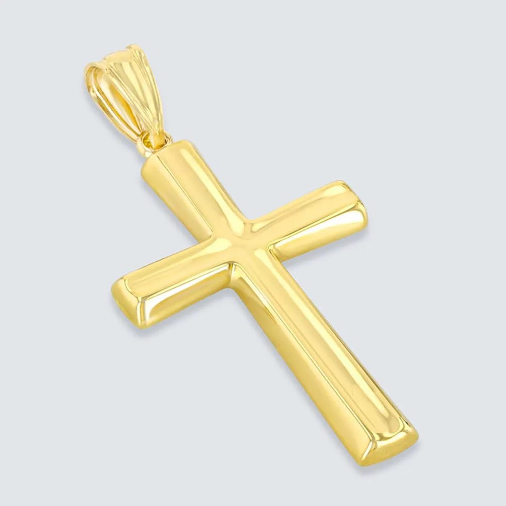 Polished 14K Yellow Gold Plain Religious Cross Pendant with Figaro Chain Necklace