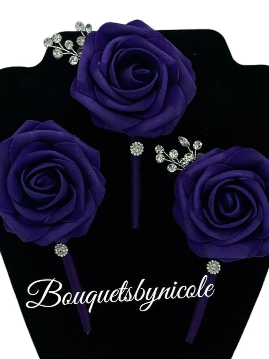 Purple Formal wear Boutonniere, Lapel Pin, Real Touch rose, Groom,Wedding Flower Pin, Groomsmen ~BT0012