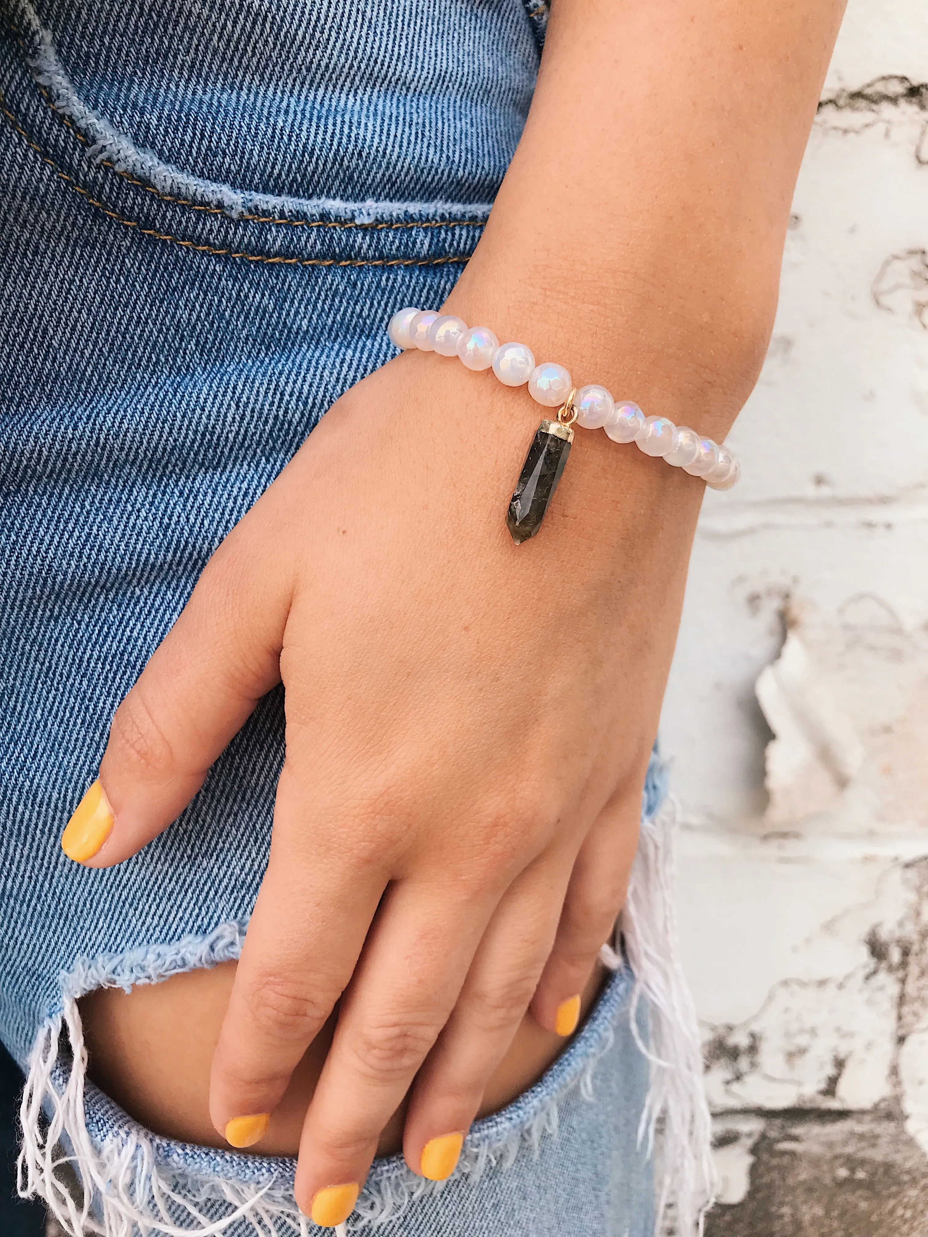 Rainbow Moonstone Bracelet  // Gemstone Spike Charm