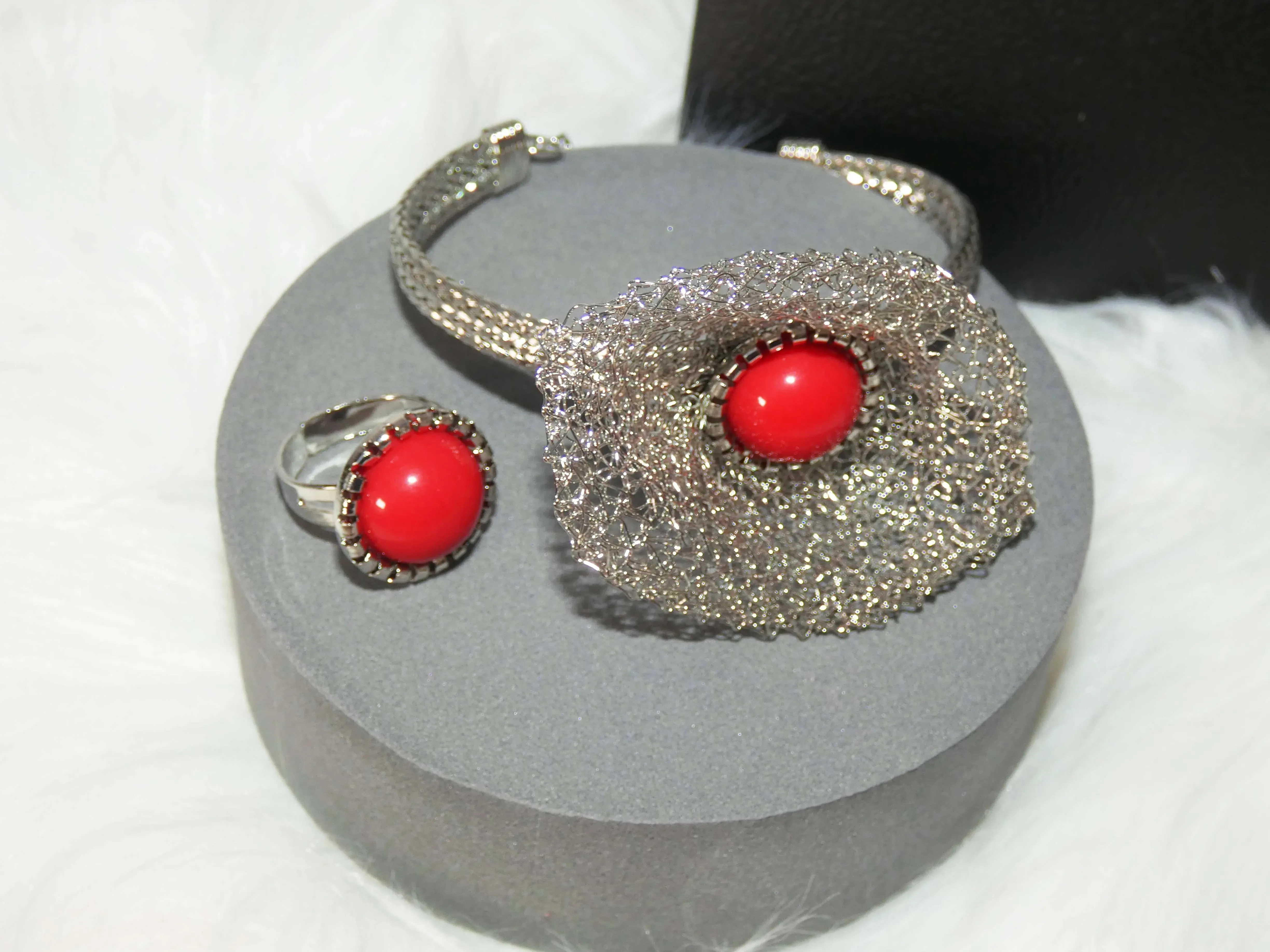 Red Silver Mesh Silver Wedding Party Necklace Jewellery Set